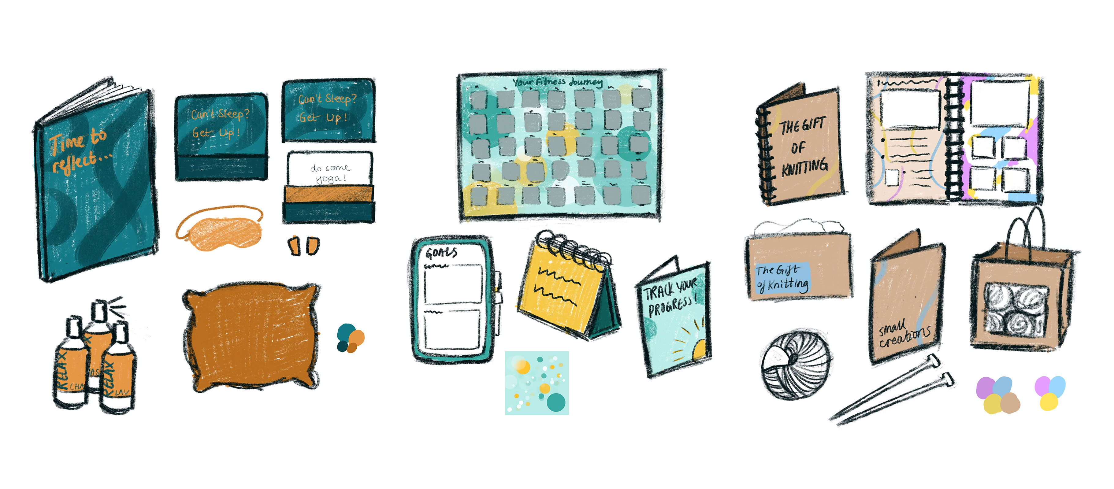 digital sketches of sleep, exercise and knitting toolkit ideas