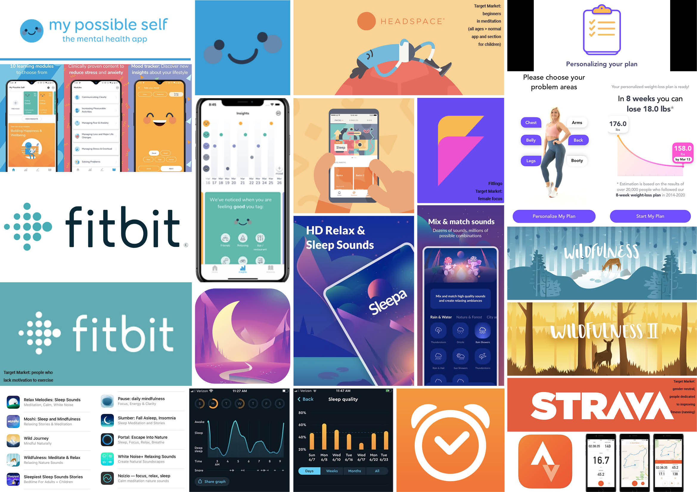 moodboard of visuals from sleep, fitness and mentalh heath apps