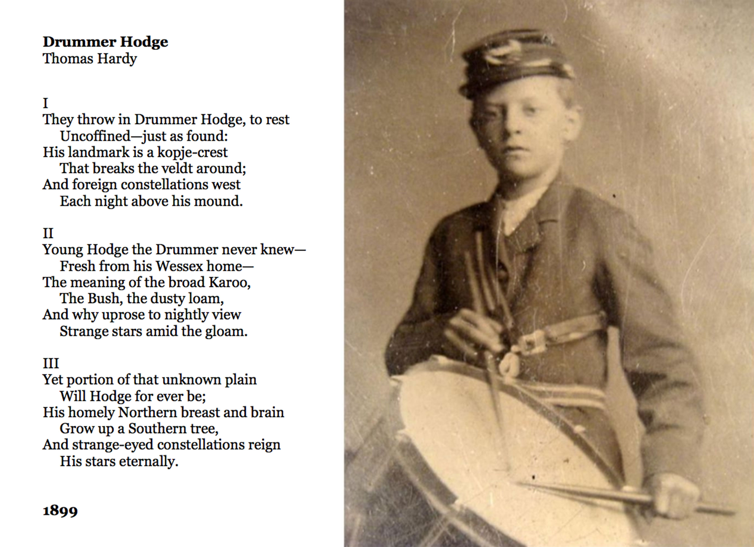 The Drummer Hodge poem next to a picture of a 19th century drummer boy