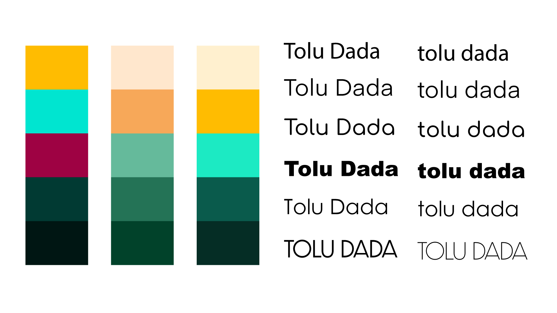 rows of colour left, tolu dada in different fonts right