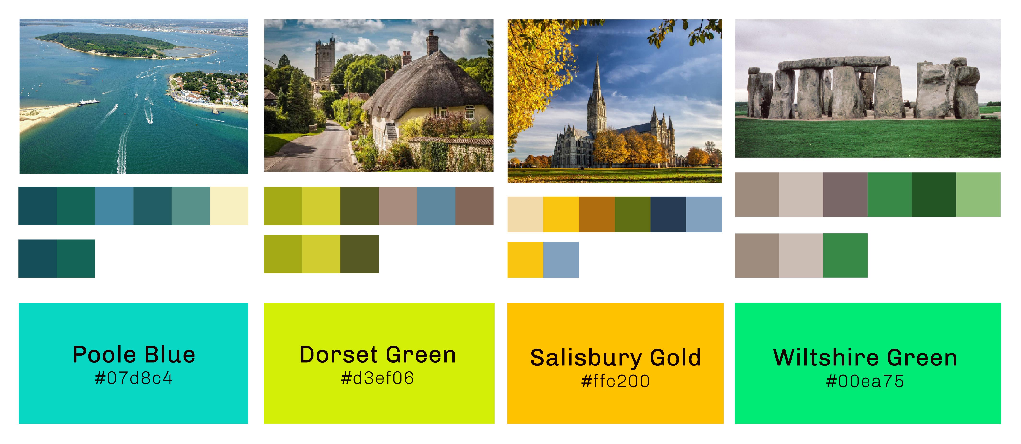 four images of locations with box of colour underneath